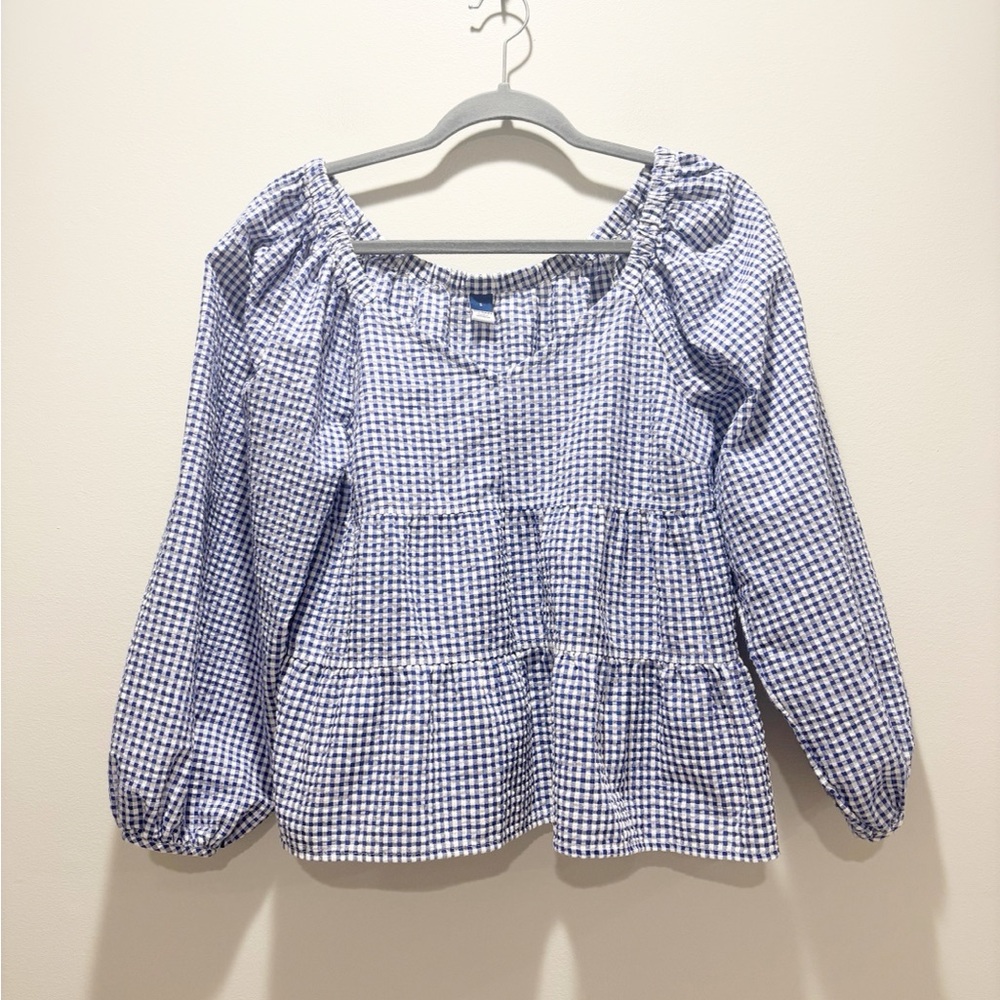 Old Navy Blue and White Gingham Peasant Blouse Tiered Empire Long Sleeve Size S